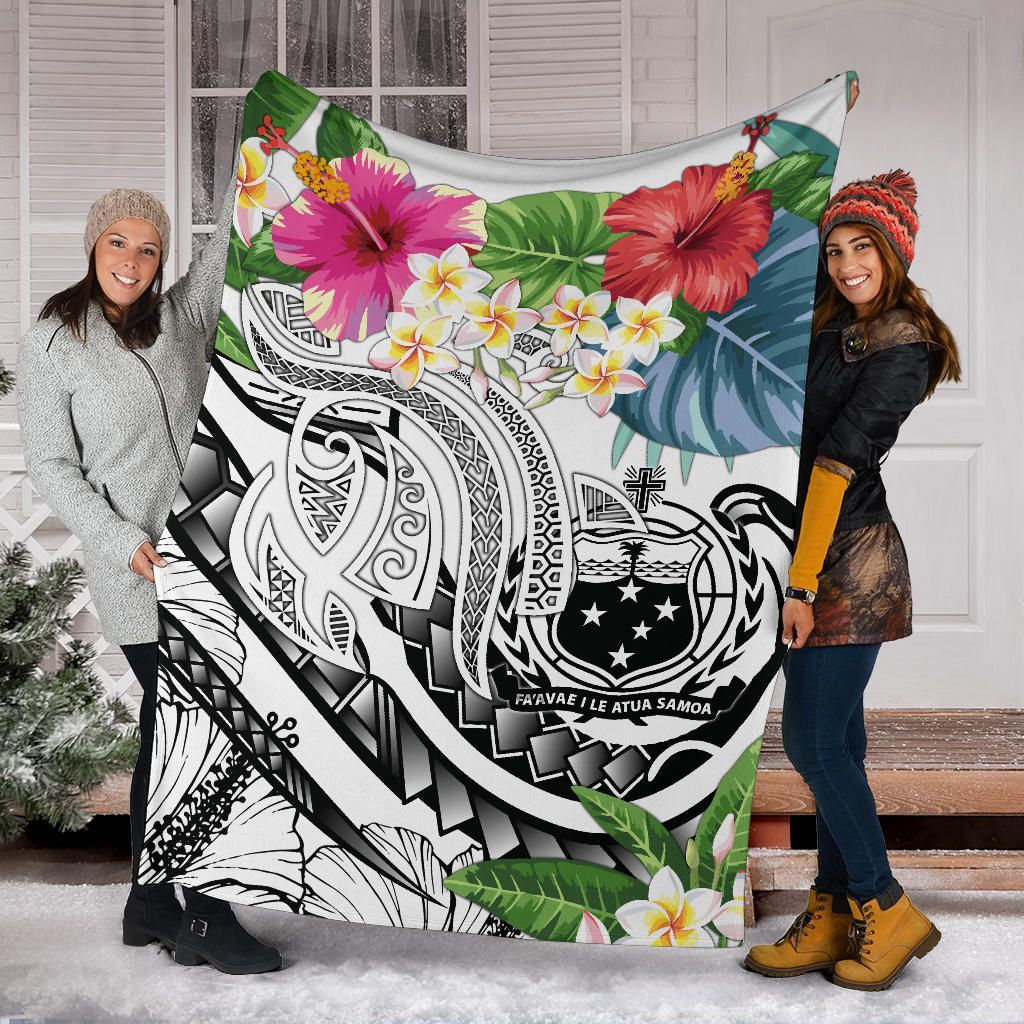 Polynesian Samoa Premium Blanket - Summer Plumeria (White)