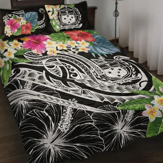 Polynesian Samoa Quilt Bed Set - Summer Plumeria (Black)