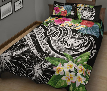 Polynesian Samoa Quilt Bed Set - Summer Plumeria (Black)
