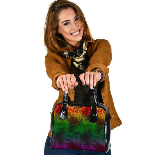 Polynesian Shoulder Handbag - Green Hibiscus Patterns