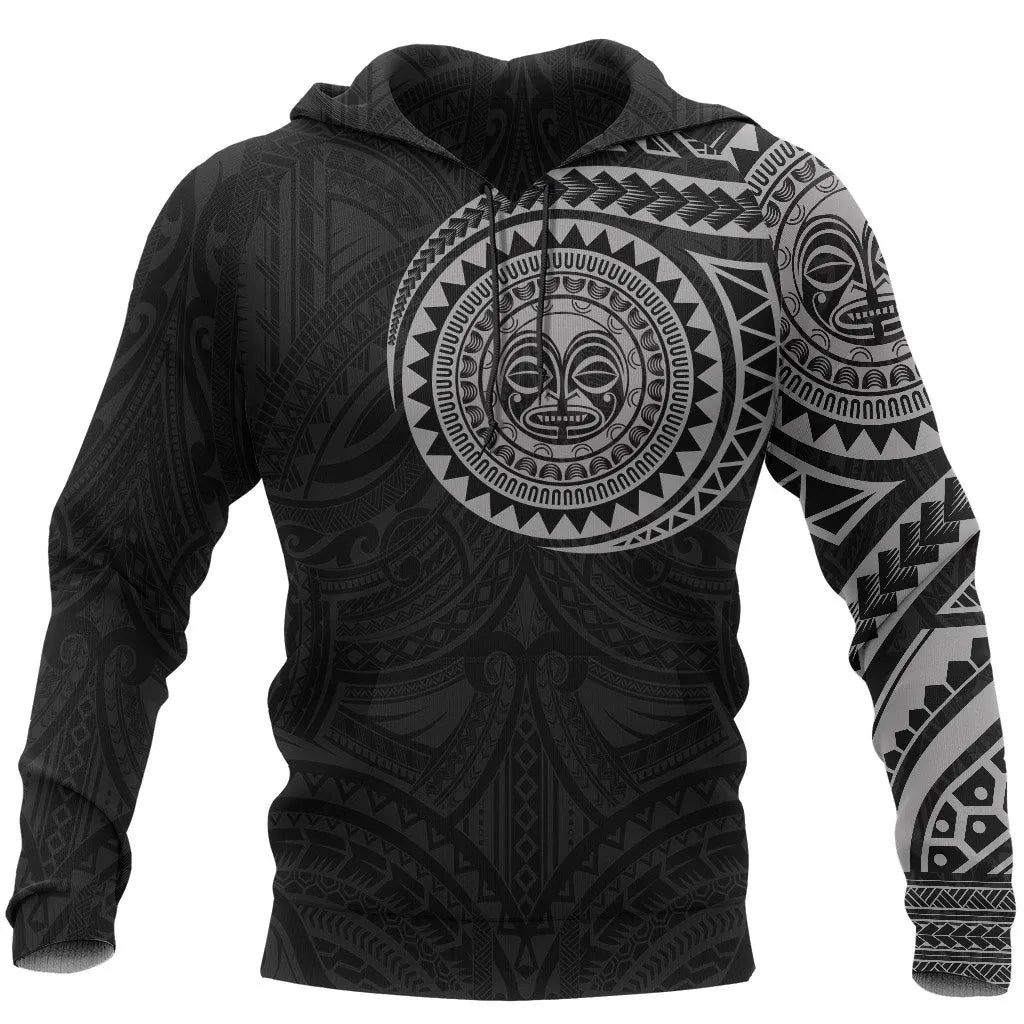 Polynesian Hoodie - Polynesian Tiki Face Tattoo Style Gray