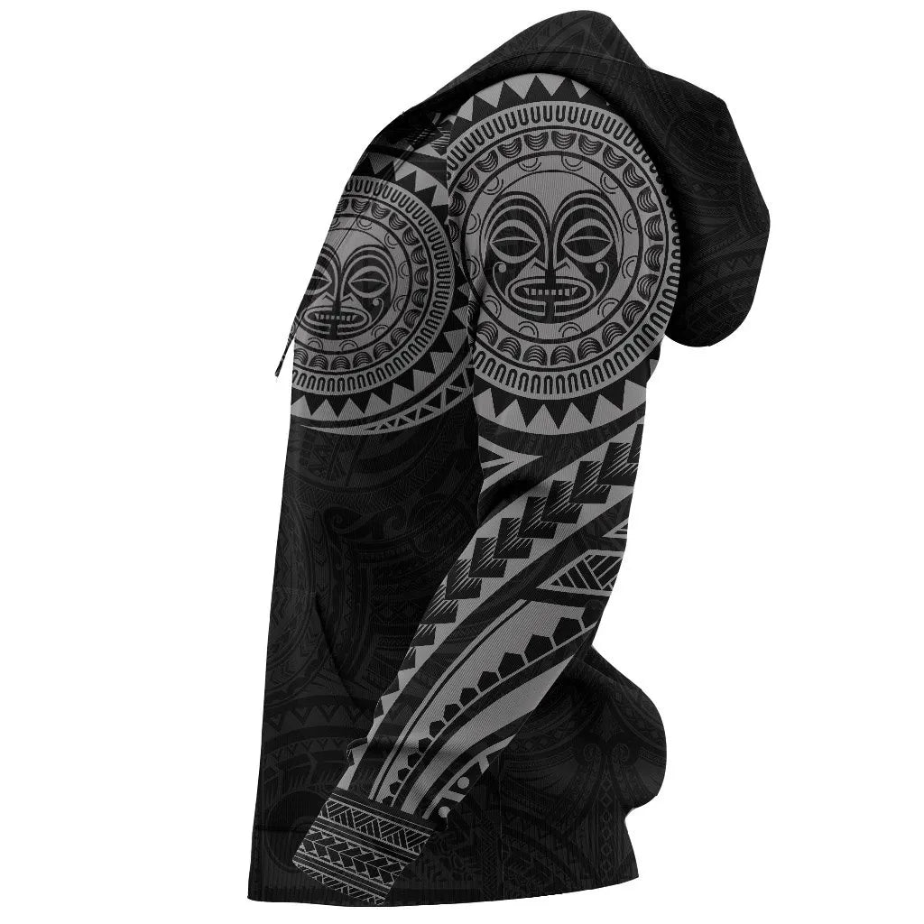 Polynesian Hoodie - Polynesian Tiki Face Tattoo Style Gray