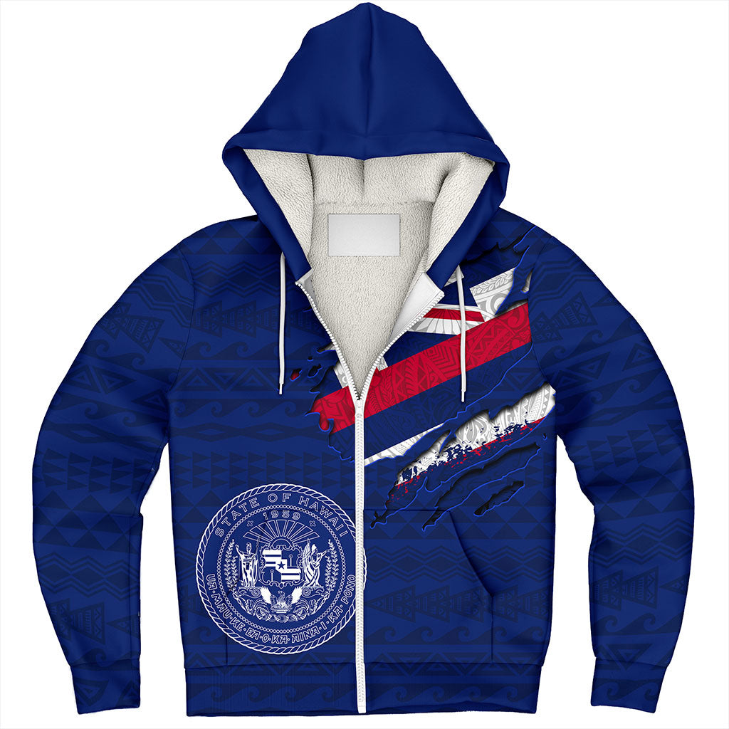 Hawaii Sherpa Hoodie Polynesia Tribal Flag With Coat Of Arms Crack Style