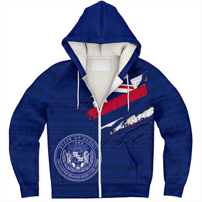 Hawaii Sherpa Hoodie Polynesia Tribal Flag With Coat Of Arms Crack Style