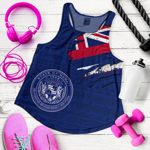 Hawaii Women Tank Polynesia Tribal Flag With Coat Of Arms Crack Style