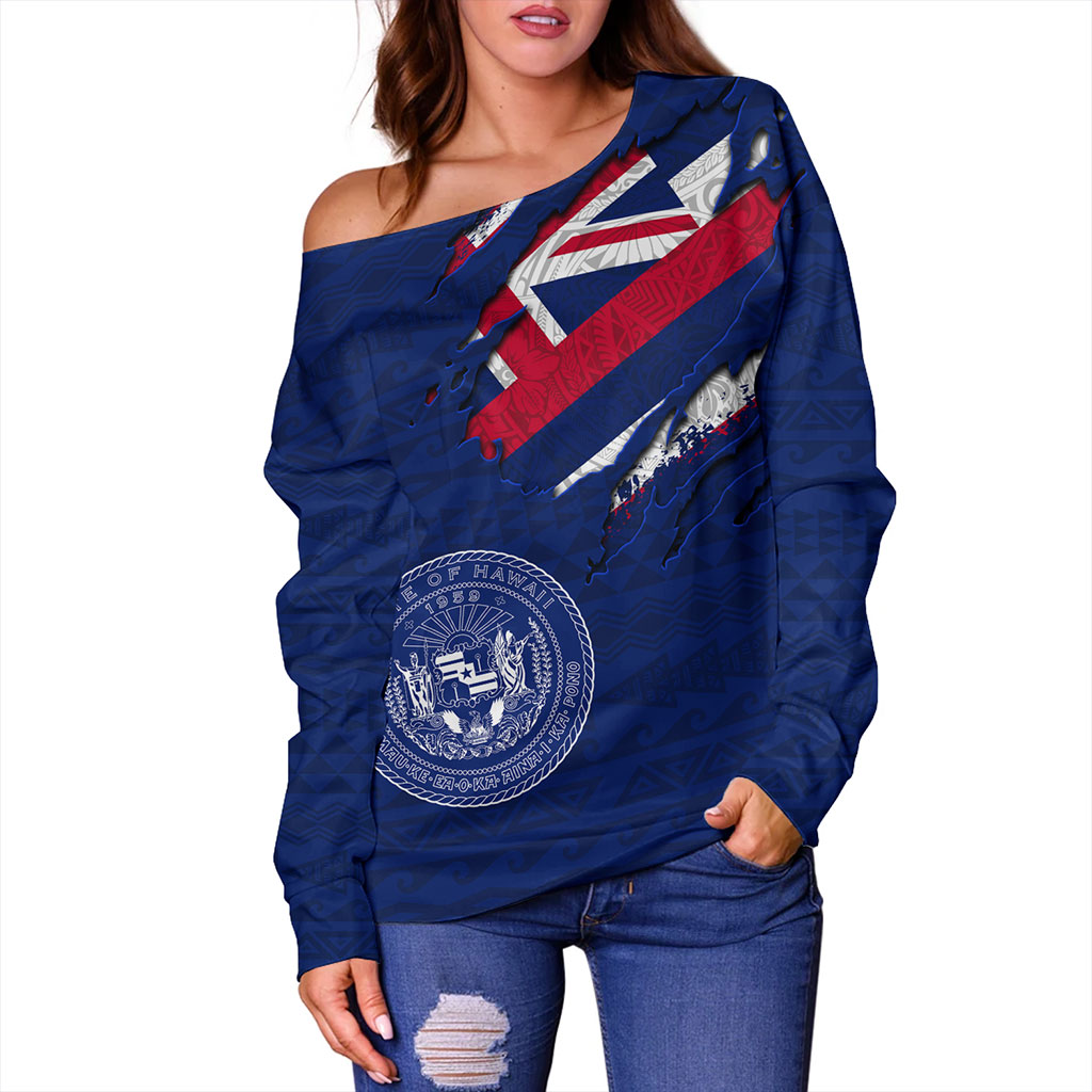 Hawaii Off Shoulder Sweatshirt Polynesia Tribal Flag With Coat Of Arms Crack Style