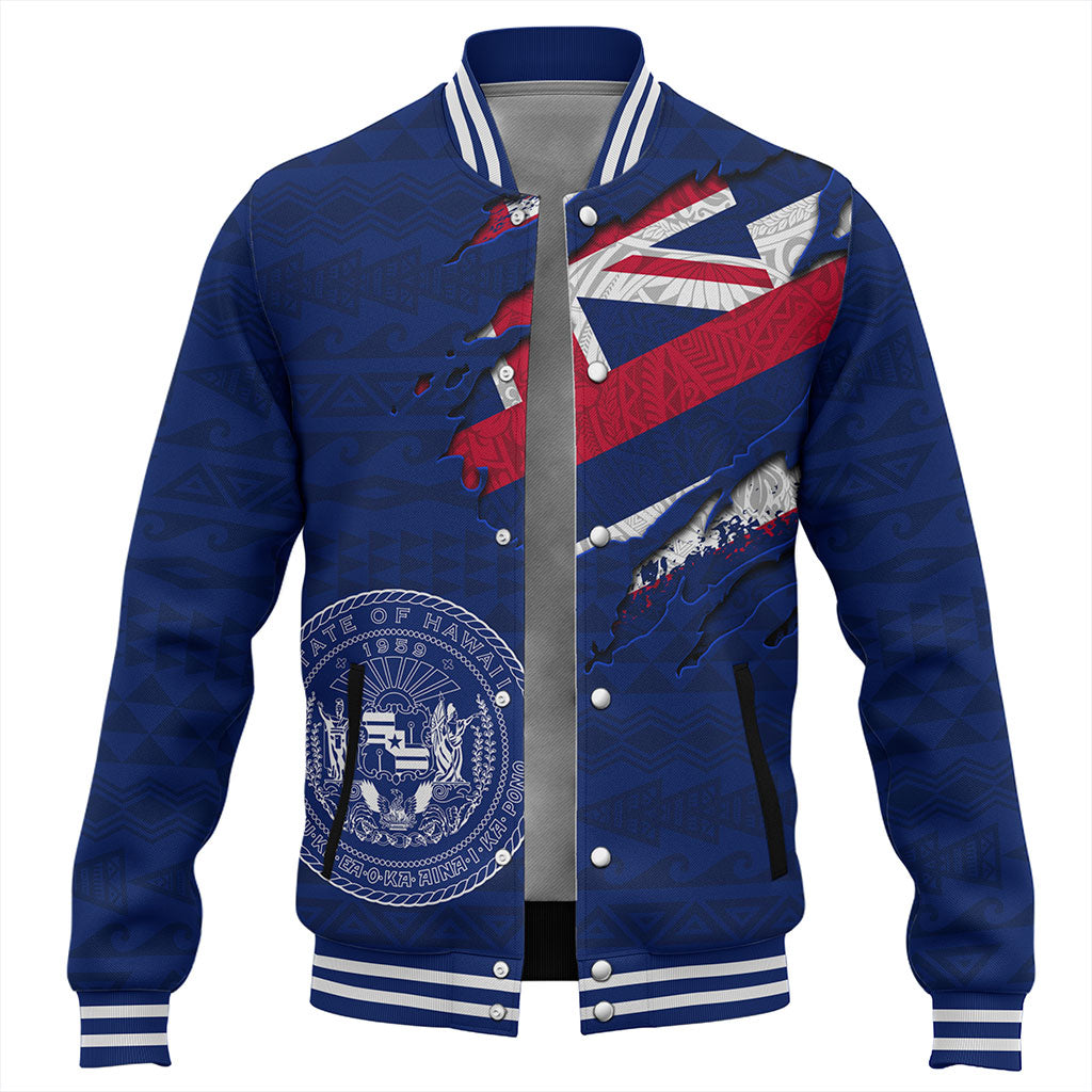 Hawaii Baseball Jacket Polynesia Tribal Flag With Coat Of Arms Crack Style