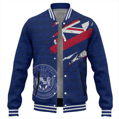 Hawaii Baseball Jacket Polynesia Tribal Flag With Coat Of Arms Crack Style
