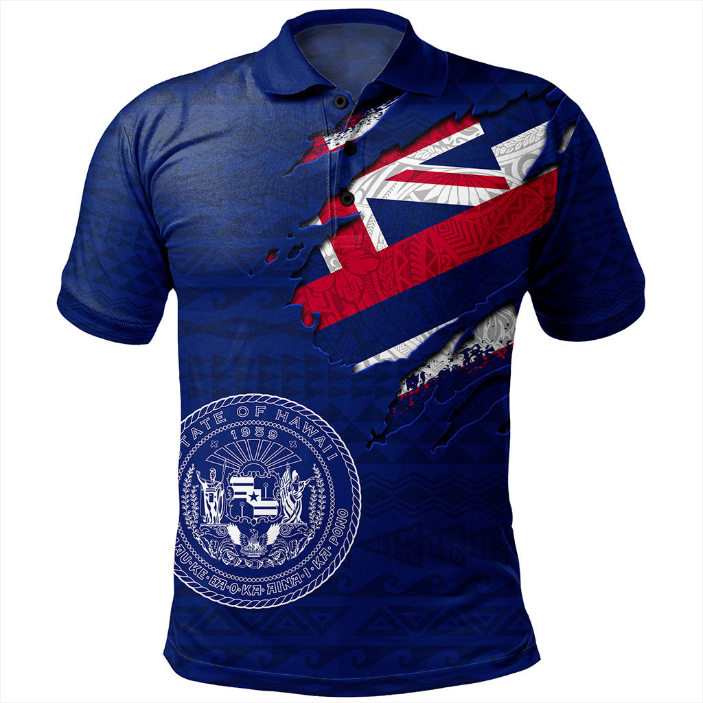 Hawaii Polo Shirt Polynesia Tribal Flag With Coat Of Arms Crack Style