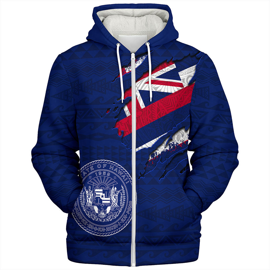 Hawaii Sherpa Hoodie Polynesia Tribal Flag With Coat Of Arms Crack Style