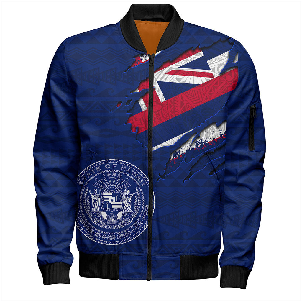 Hawaii Bomber Jacket Polynesia Tribal Flag With Coat Of Arms Crack Style