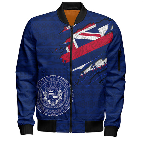 Hawaii Bomber Jacket Polynesia Tribal Flag With Coat Of Arms Crack Style