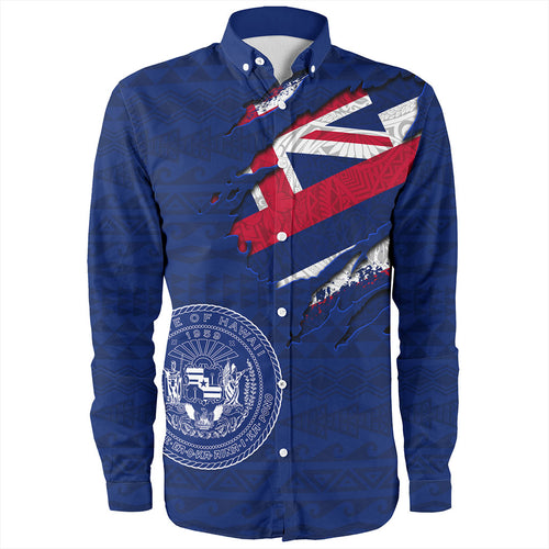 Hawaii Long Sleeve Shirt Polynesia Tribal Flag With Coat Of Arms Crack Style