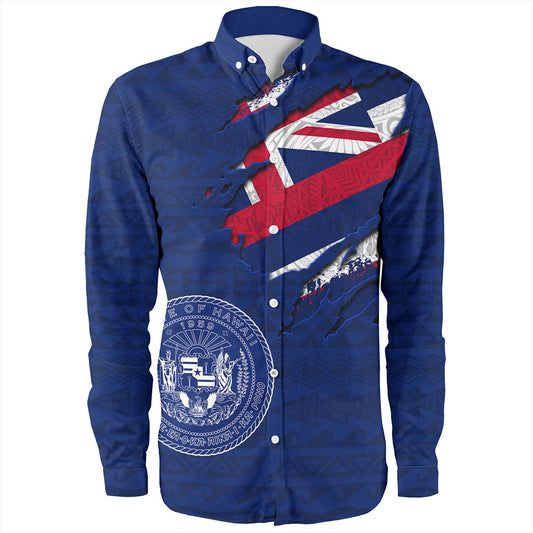 Hawaii Long Sleeve Shirt Polynesia Tribal Flag With Coat Of Arms Crack Style