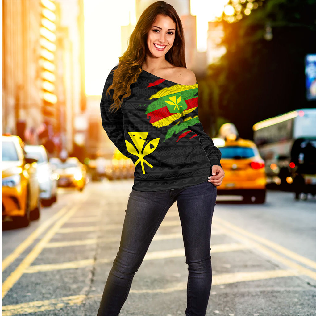 Hawaii Off Shoulder Sweatshirt Polynesia Tribal Kanaka Maoli Flag Crack Style