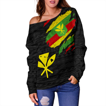 Hawaii Off Shoulder Sweatshirt Polynesia Tribal Kanaka Maoli Flag Crack Style