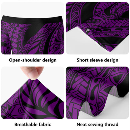 Hawaii Short Sleeve Off The Shoulder Lady Dress Tribal Pattern Polynesian Purple