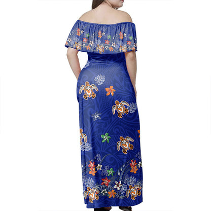 Polynesian Woman Off Shoulder Long Dress Tribal Turtle Fabric Style