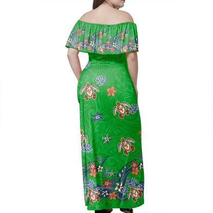 Polynesian Woman Off Shoulder Long Dress Tribal Turtle Fabric Style