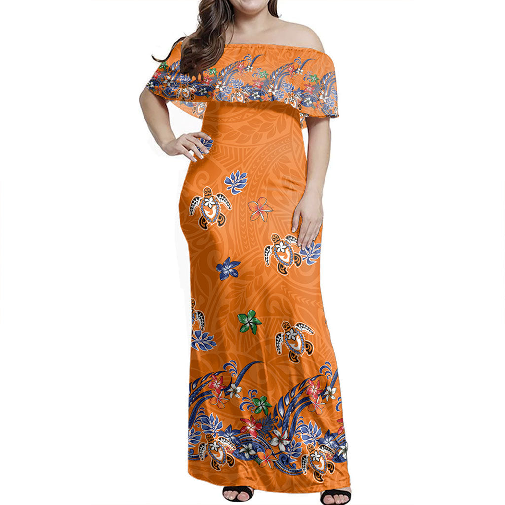 Polynesian Woman Off Shoulder Long Dress Tribal Turtle Fabric Style