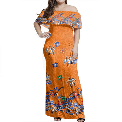 Polynesian Woman Off Shoulder Long Dress Tribal Turtle Fabric Style