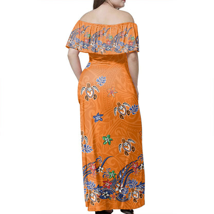 Polynesian Woman Off Shoulder Long Dress Tribal Turtle Fabric Style