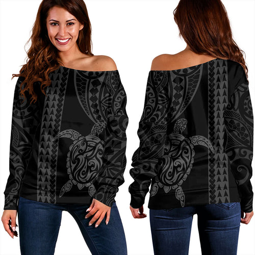 Hawaii Off Shoulder Sweatshirt Polynesian Tribal Turtle