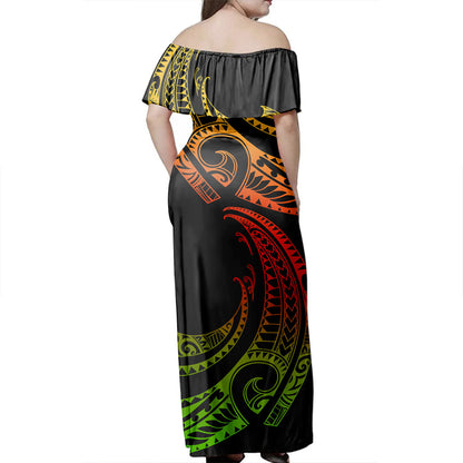 Hawaii Off Shoulder Long Dress Polynesia Tribal Wave Style