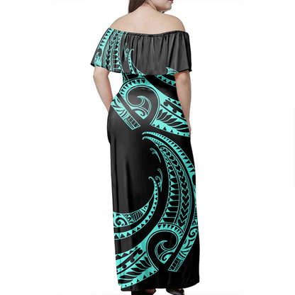 Hawaii Off Shoulder Long Dress Polynesia Tribal Wave Style