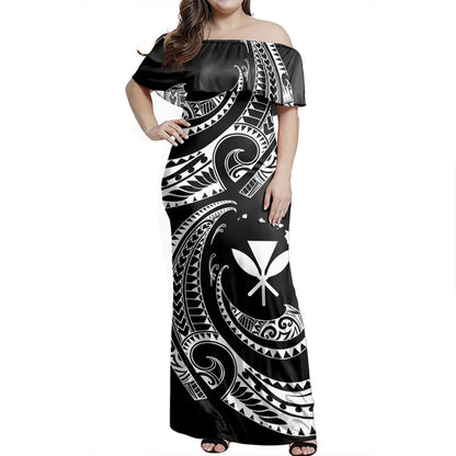 Hawaii Off Shoulder Long Dress Polynesia Tribal Wave Style
