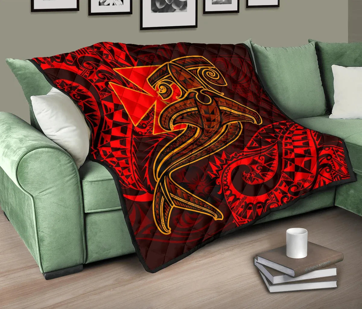 Polynesian Wallis and Futuna Premium Quilt - Red Shark Polynesian Tattoo