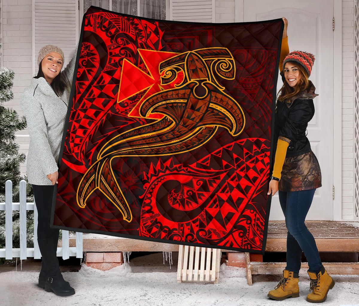 Polynesian Wallis and Futuna Premium Quilt - Red Shark Polynesian Tattoo