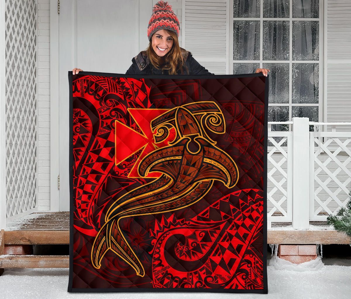 Polynesian Wallis and Futuna Premium Quilt - Red Shark Polynesian Tattoo