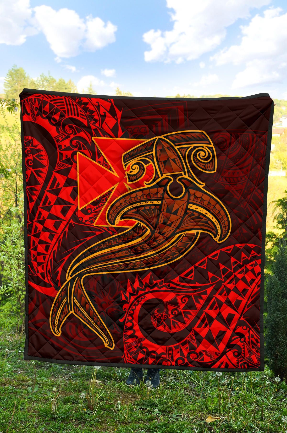 Polynesian Wallis and Futuna Premium Quilt - Red Shark Polynesian Tattoo