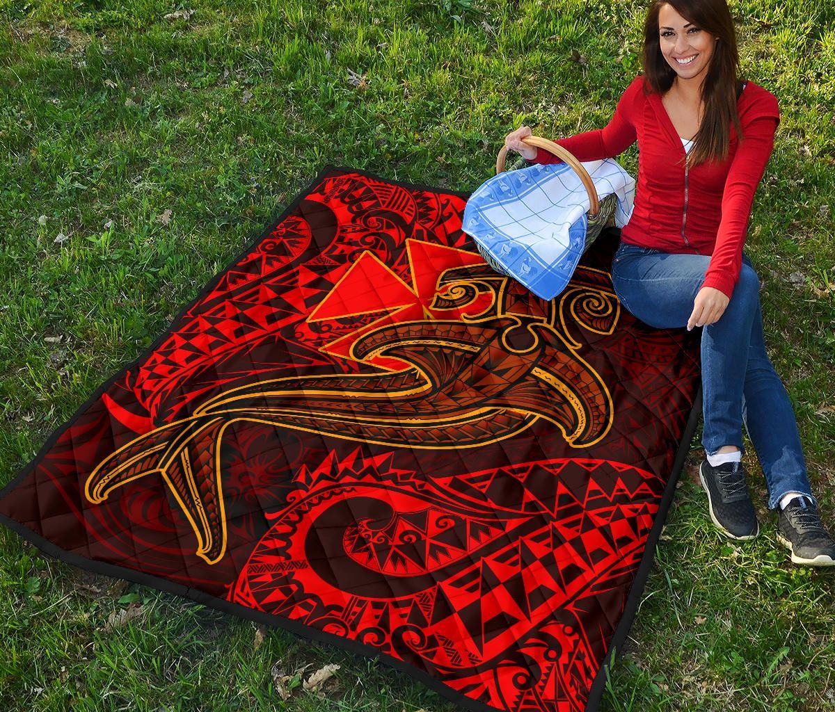 Polynesian Wallis and Futuna Premium Quilt - Red Shark Polynesian Tattoo