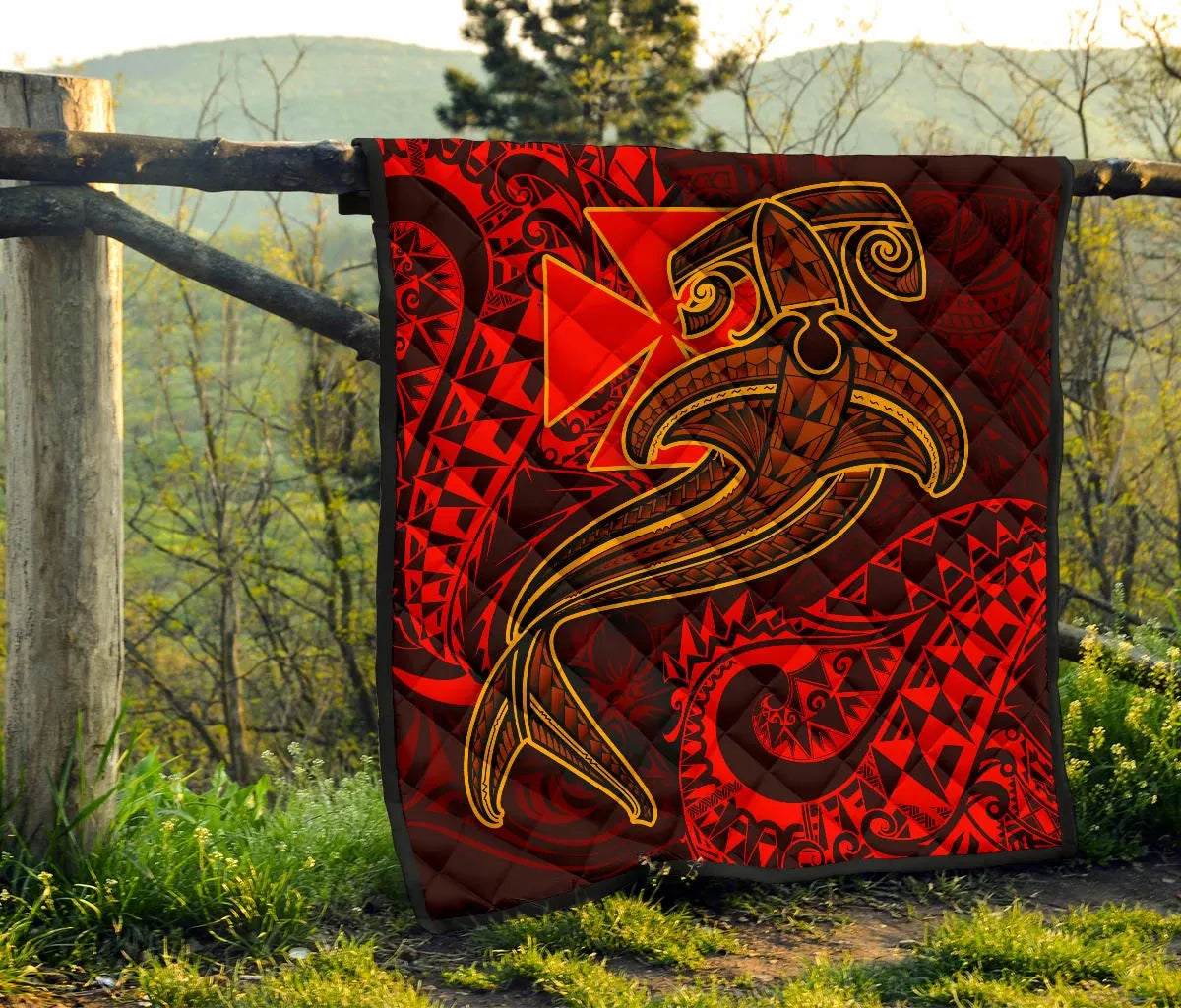 Polynesian Wallis and Futuna Premium Quilt - Red Shark Polynesian Tattoo