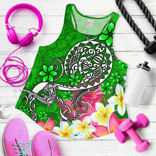 Polynesian Women Racerback Tank - Turtle Plumeria Green Color