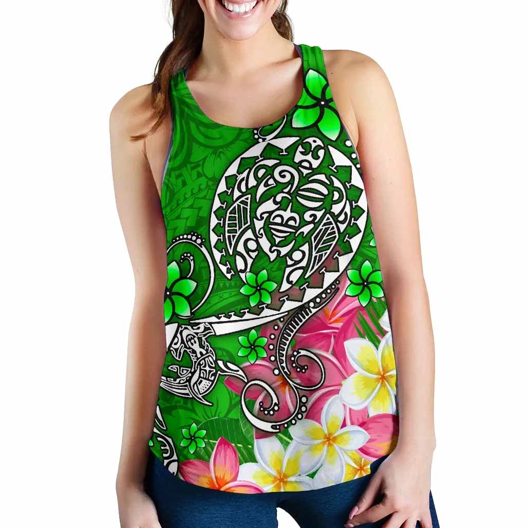Polynesian Women Racerback Tank - Turtle Plumeria Green Color