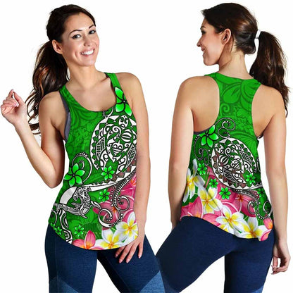 Polynesian Women Racerback Tank - Turtle Plumeria Green Color
