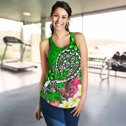 Polynesian Women Racerback Tank - Turtle Plumeria Green Color
