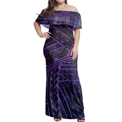 Polynesian Woman Off Shoulder Long Dress Tribal Style Purple