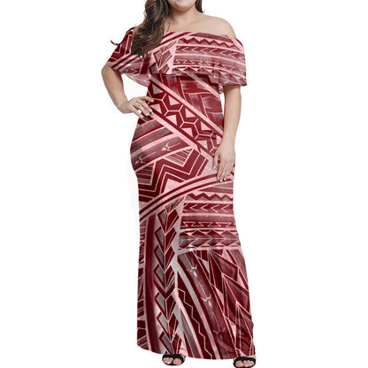 Polynesian Woman Off Shoulder Long Dress Tribal Style Red