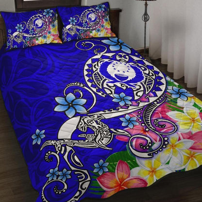 Pohnpei Quilt Bed Set - Turtle Plumeria (Blue)