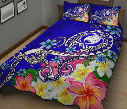 Pohnpei Quilt Bed Set - Turtle Plumeria (Blue)