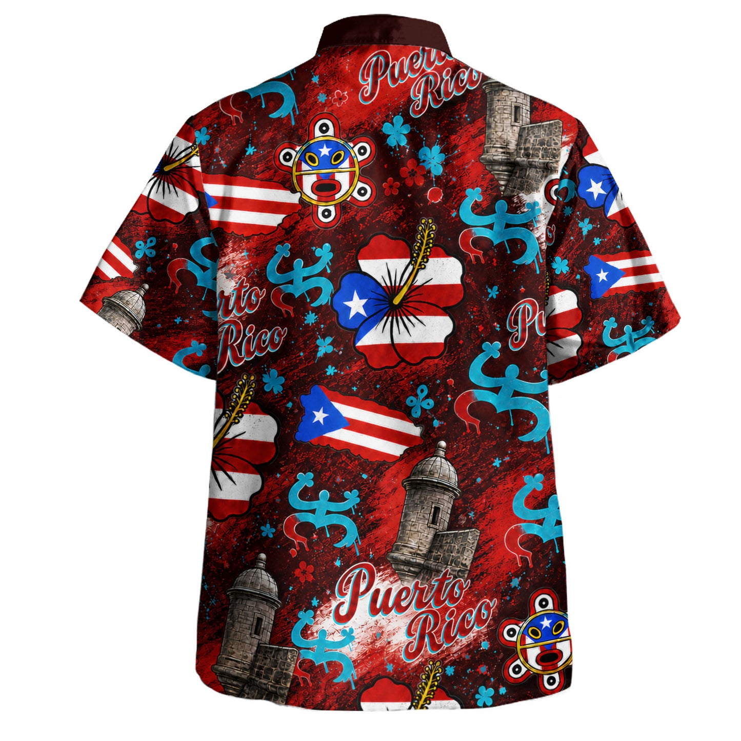 Puerto Rico Hawaiian Shirt Flag Hibiscus Coqui Taino Castle Style