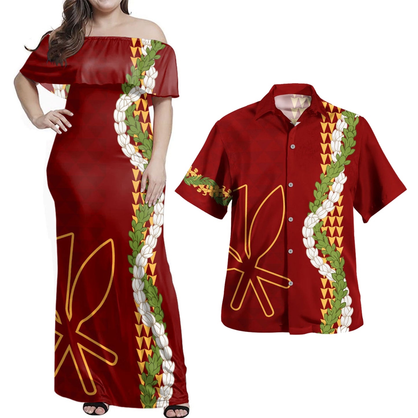 Hawaii Polynesian Combo Dress And Shirt Kanaka Maoli Puakenikeni Maile Flower Lei