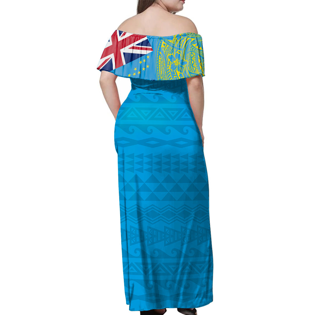 Tuvalu Woman Off Shoulder Long Dress Polynesian Flag With Coat Of Arms