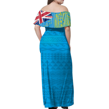 Tuvalu Woman Off Shoulder Long Dress Polynesian Flag With Coat Of Arms
