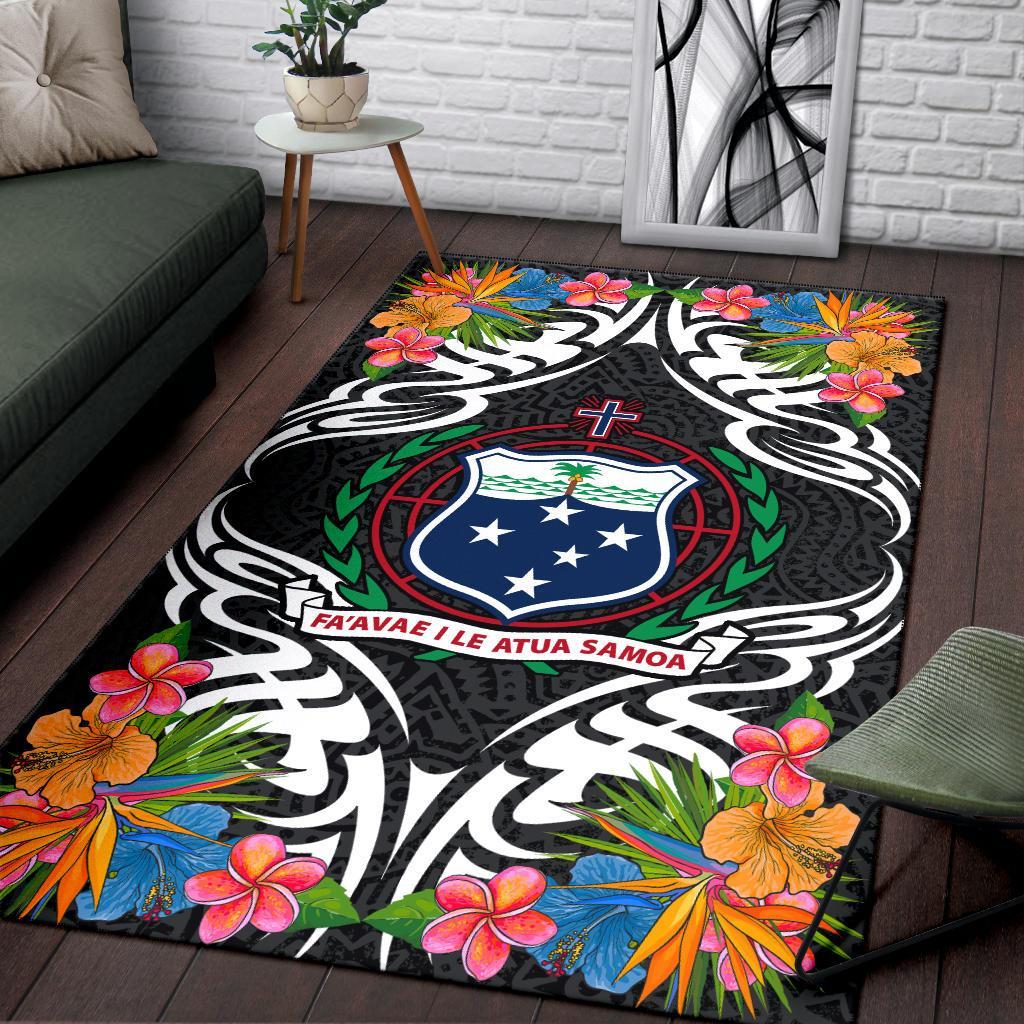 Samoa Area Rug - Coat Of Arm With Tropical Flowers