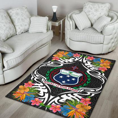 Samoa Area Rug - Coat Of Arm With Tropical Flowers